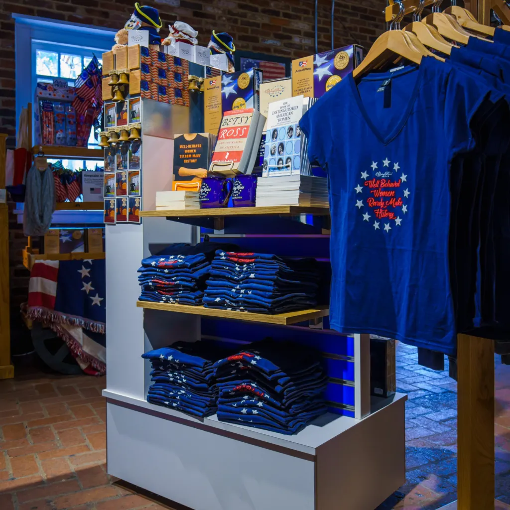 T-shirts and other souvenirs in the Betsy Ross House museum shop