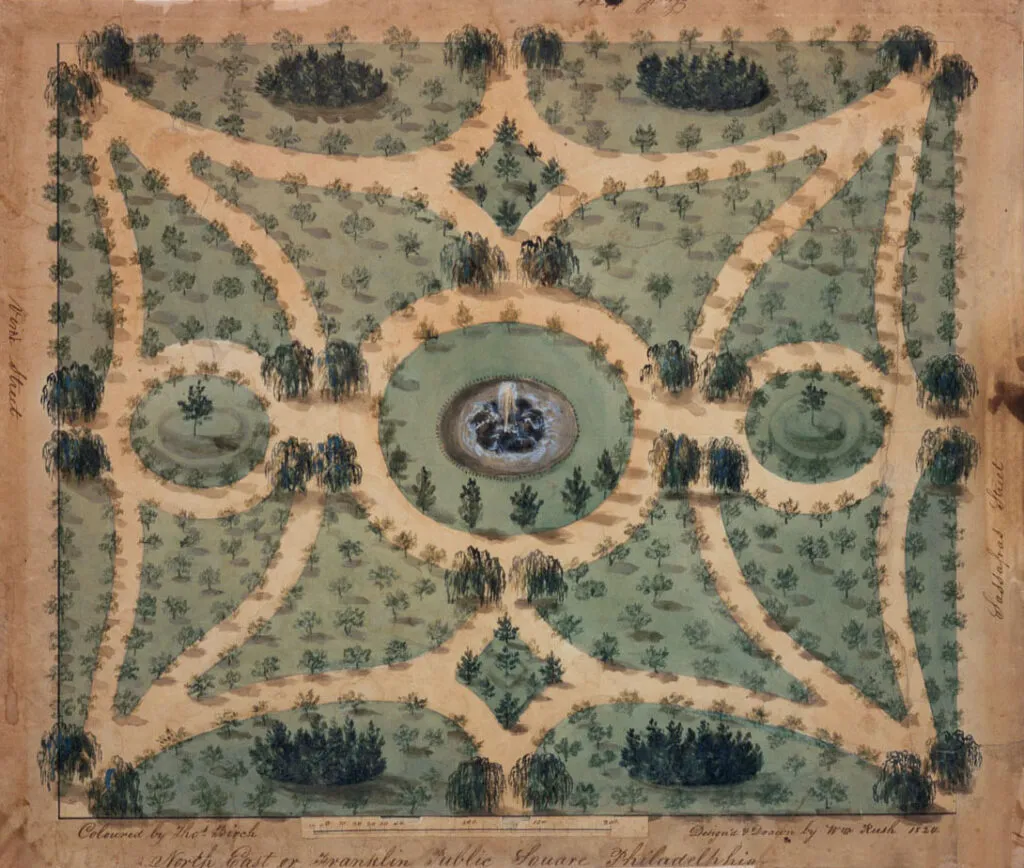 Historic map showing an overhead view of Franklin Square when it was originally designed and planned
