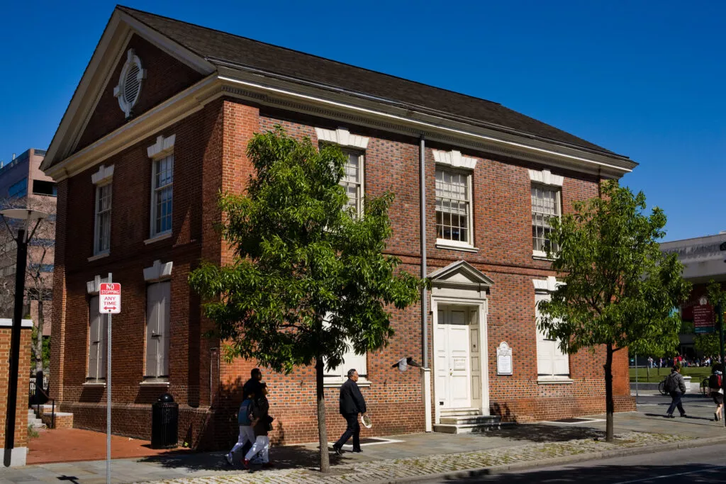Photo showing the outside of the Free Quaker Meeting House in Philadelphia.