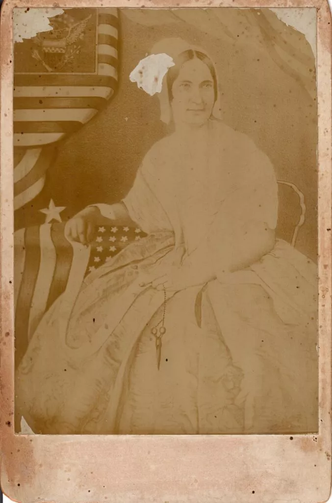 Betsy Ross Cabinet Card circa 1886-1897. The likeness used for this card was taken from a painting that was featured in Franklin J. Reigarts 1878 book 