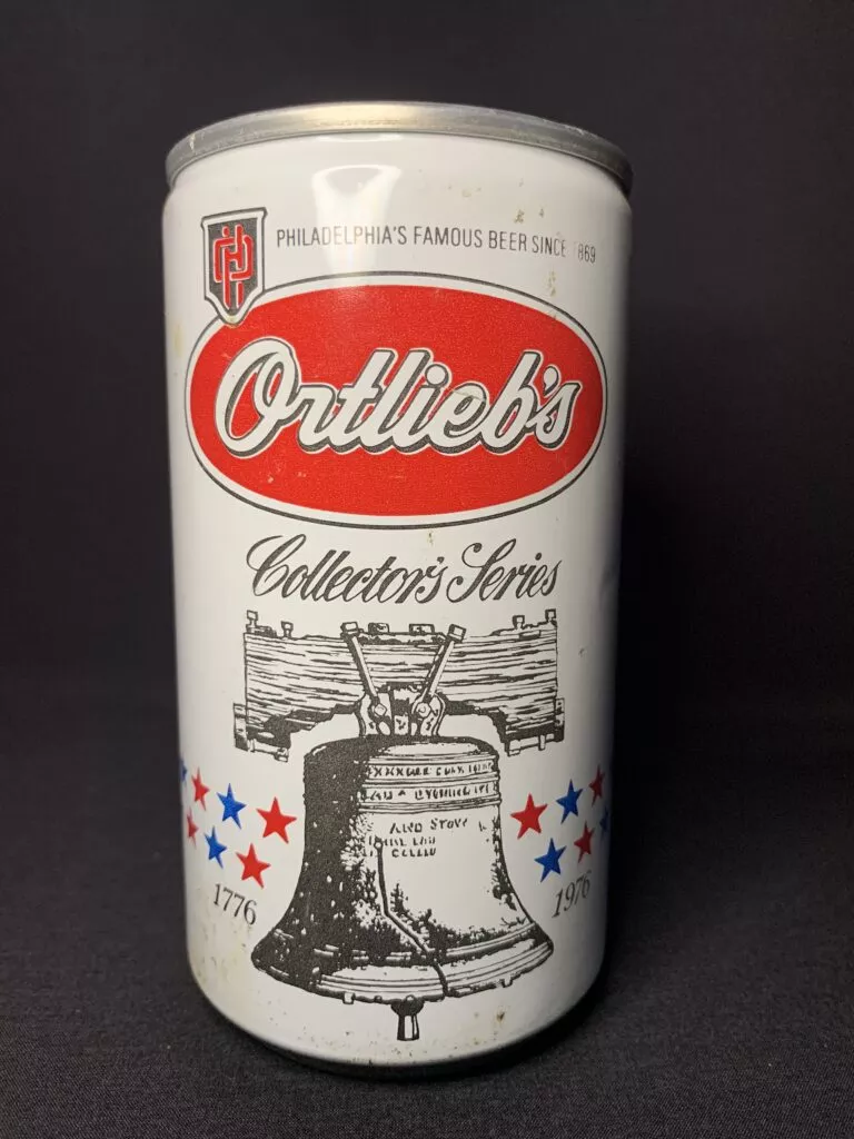 Front side of Ortlieb's Collector's Series beer can showcasing the Liberty Bell.