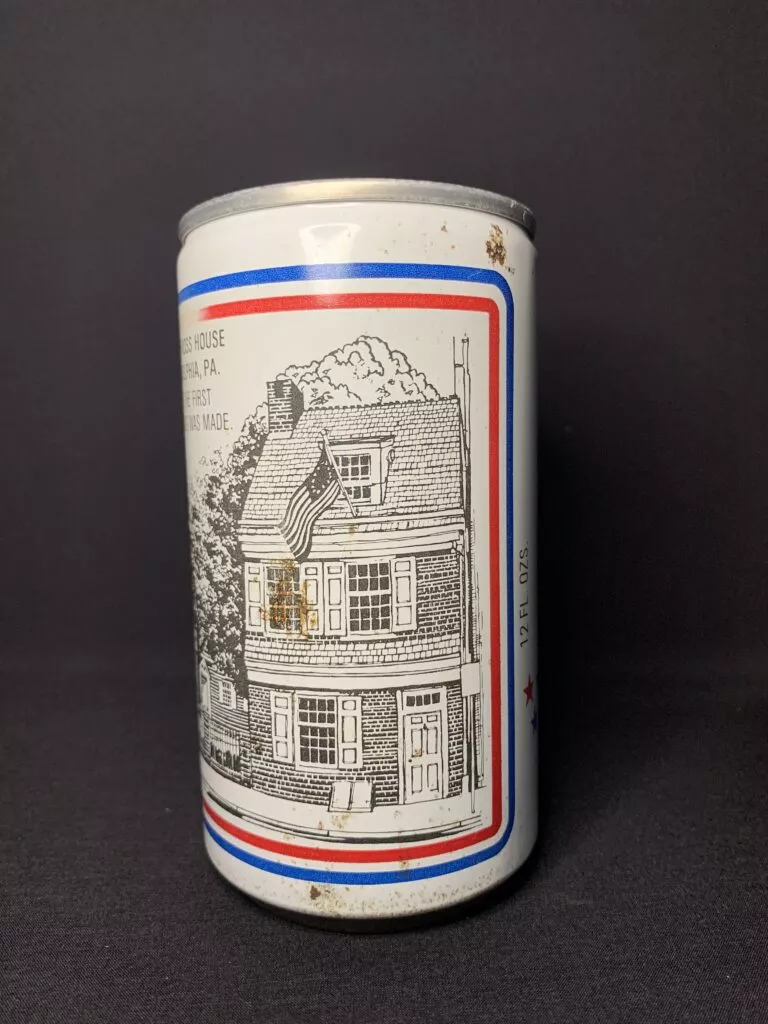 Back of Ortlieb's Collector's Series beer can showcasing a drawing of the Betsy Ross House.