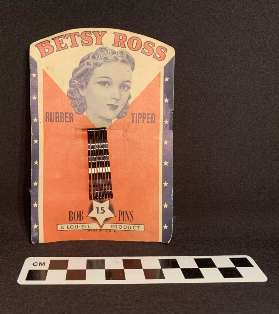 Photo of Lou Sil Products' Rubber-Tipped Bobby Pins featuring Betsy Ross on the packaging Circa. 1940