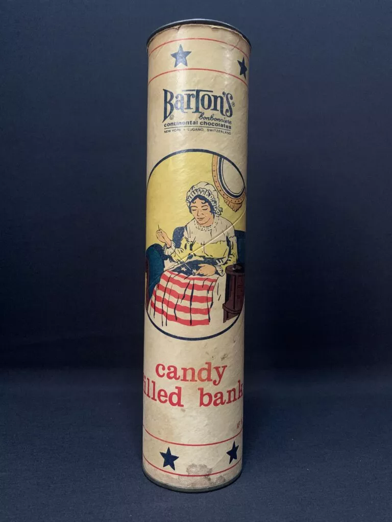 Barton's Candy Bank featuring an image of Betsy Ross sewing the 13 Star Flag.