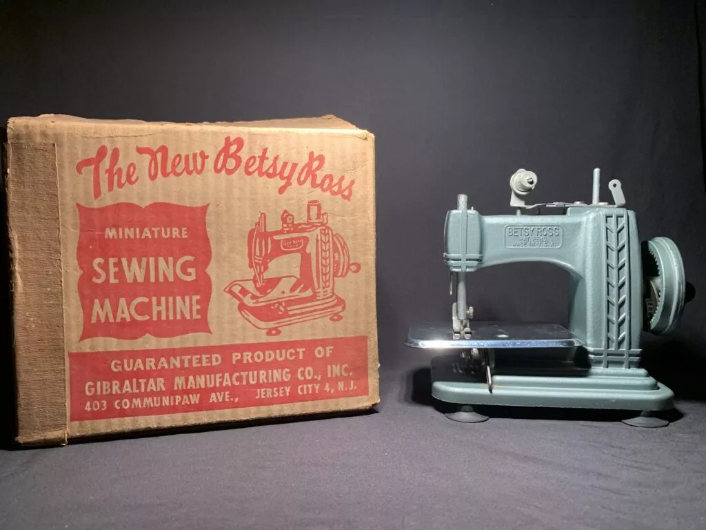 Miniature Betsy Ross sewing machine made by Gibraltar Manufacturing Company from 1949-1960.