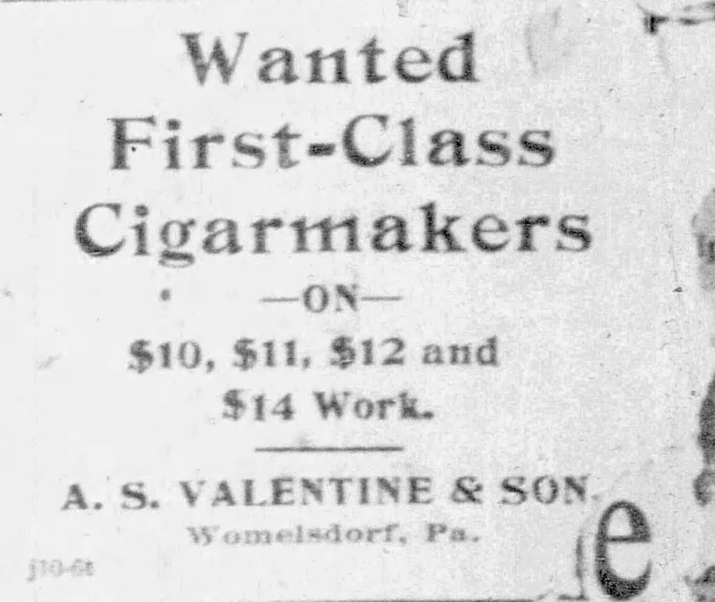 Image showing an advertisement in the York Dispatch searching got First-Class Cigarmakers for A.S. Valentine & Son.