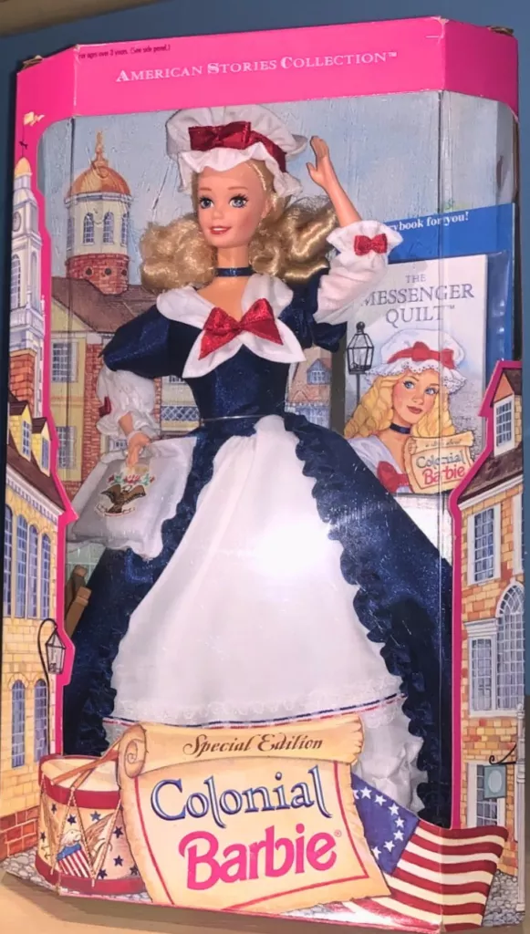 Colonial Barbie still in its box. Produced by Mattel in 1995.